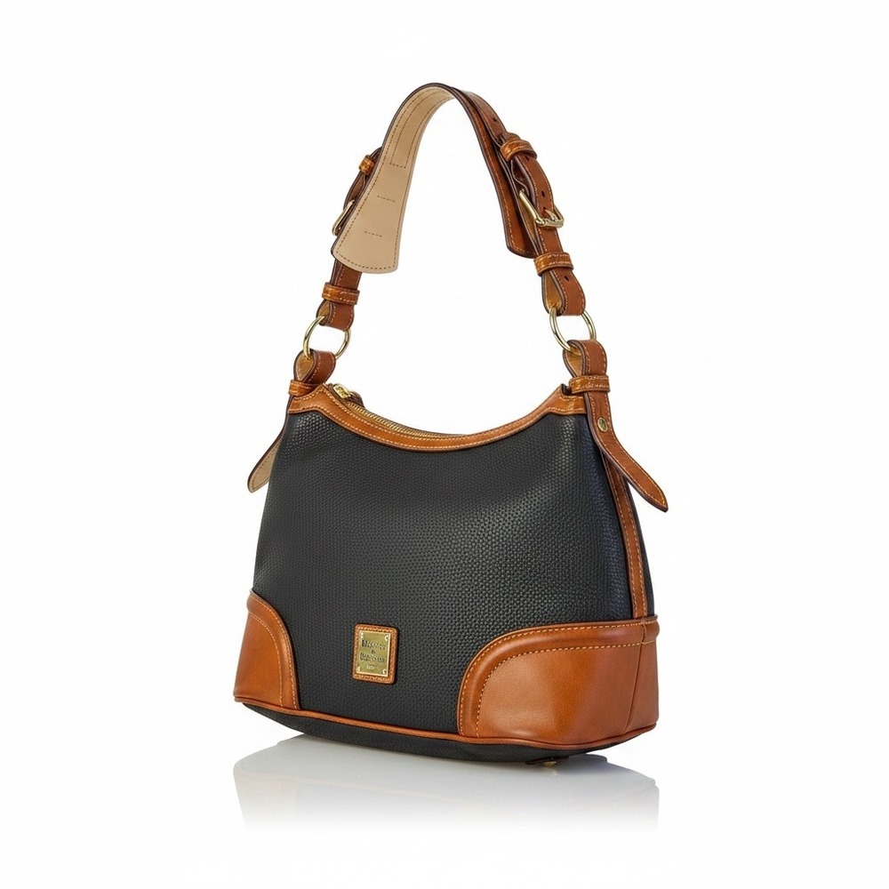 Vintage Dooney & Bourke Hobo Bag Med Black Tan Pebbled Leather Preppy Timeless